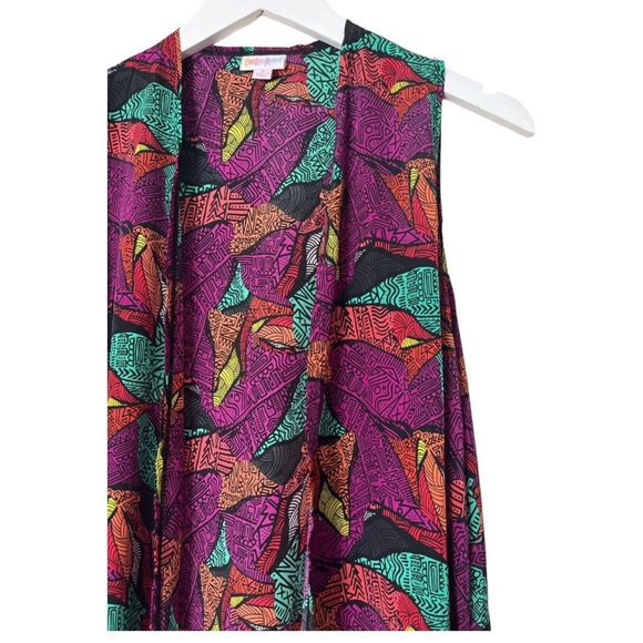 LULAROE Joy Open Front Duster Length Kimono Vest Purple Multi Print Size Small - Picture 4 of 10